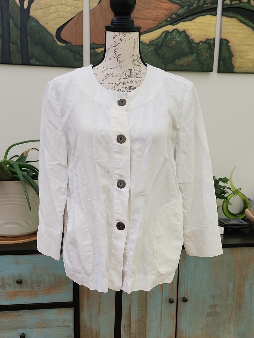 Amber Sun Linen Cotton Blend Collarless Shirt Jacket